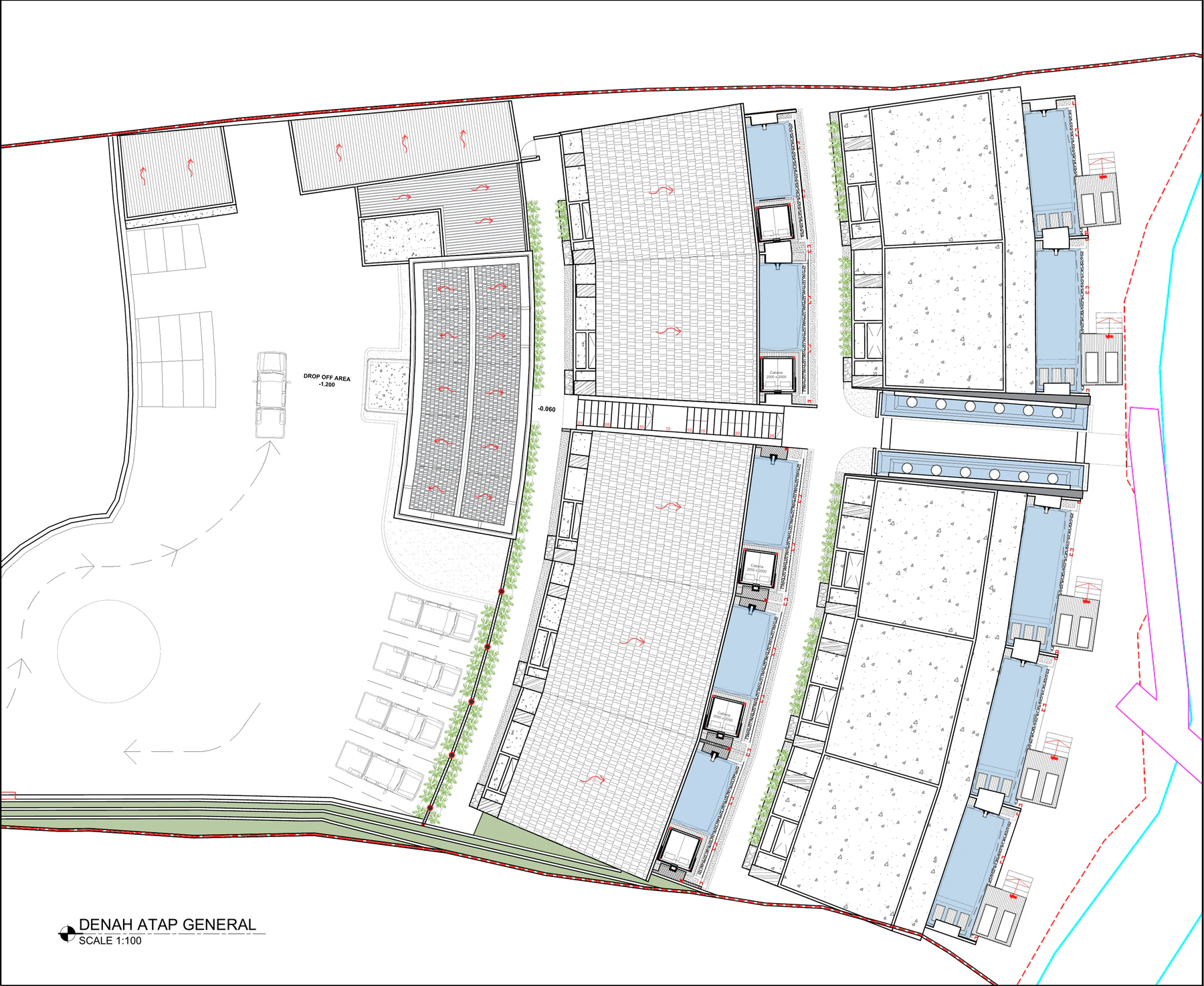 General roof plan showing the arrangement of the villa buildings, pools, paths, and entrance area