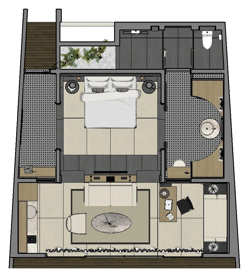 Furniture plan for Villas A–E showing the bedroom, bathroom, living area, pantry, and work desk